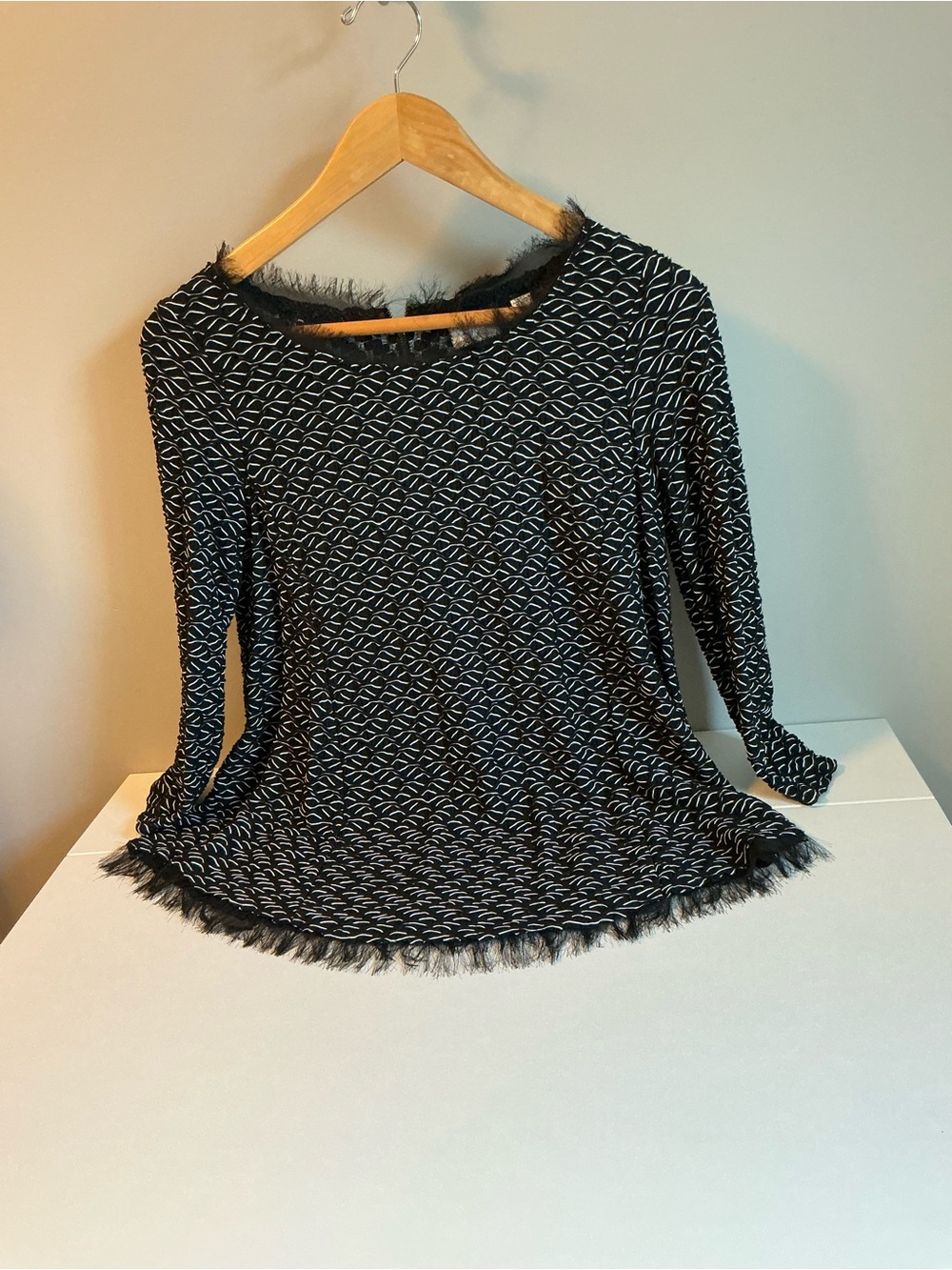 Anthropologie Black and White Fringe-Trim Long Sleeve Top